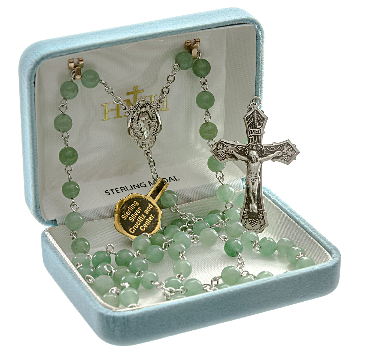 6mm Aventurine Rosary w/Sterling Silver Ctr & Cfx-(96/192)-Bxd