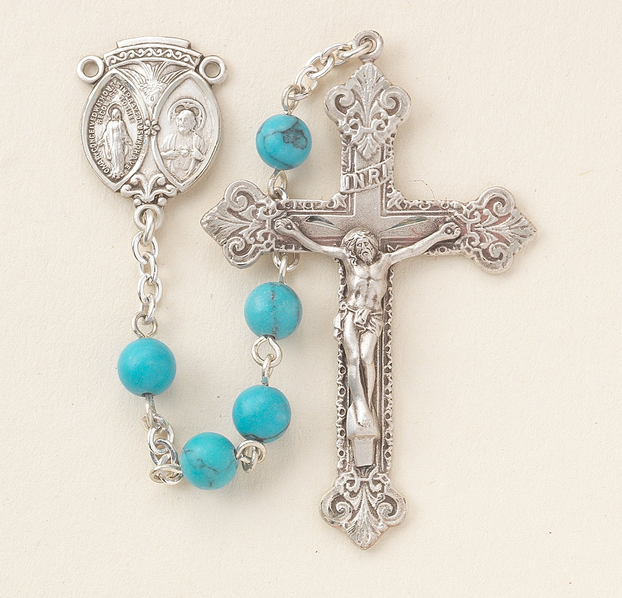 6mm Turquoise Finished Howlite Rosary w/Sterling Silver Ctr & Cfx-(33/105)-Bxd