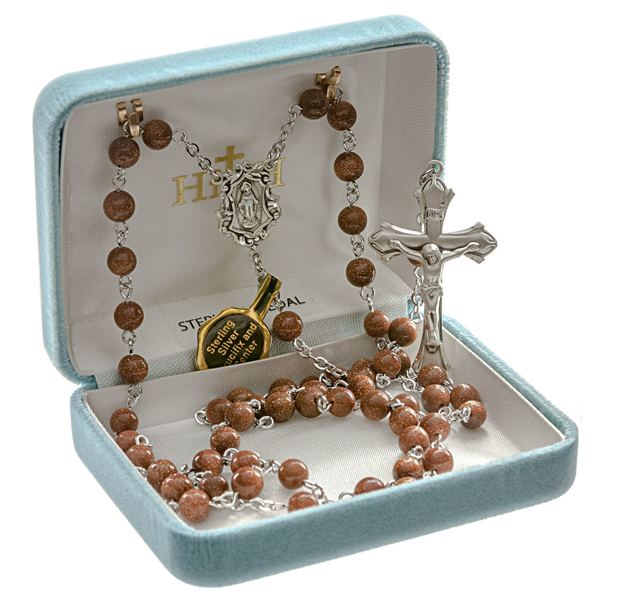 6mm Gold Sand Rosary w/Sterling Silver Ctr & Cfx-(54/123)-Bxd