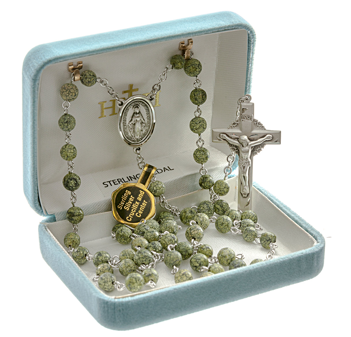 6mm Green Side Stone Rosary w/Sterling Silver Ctr & Cfx-(30/102)-Bxd