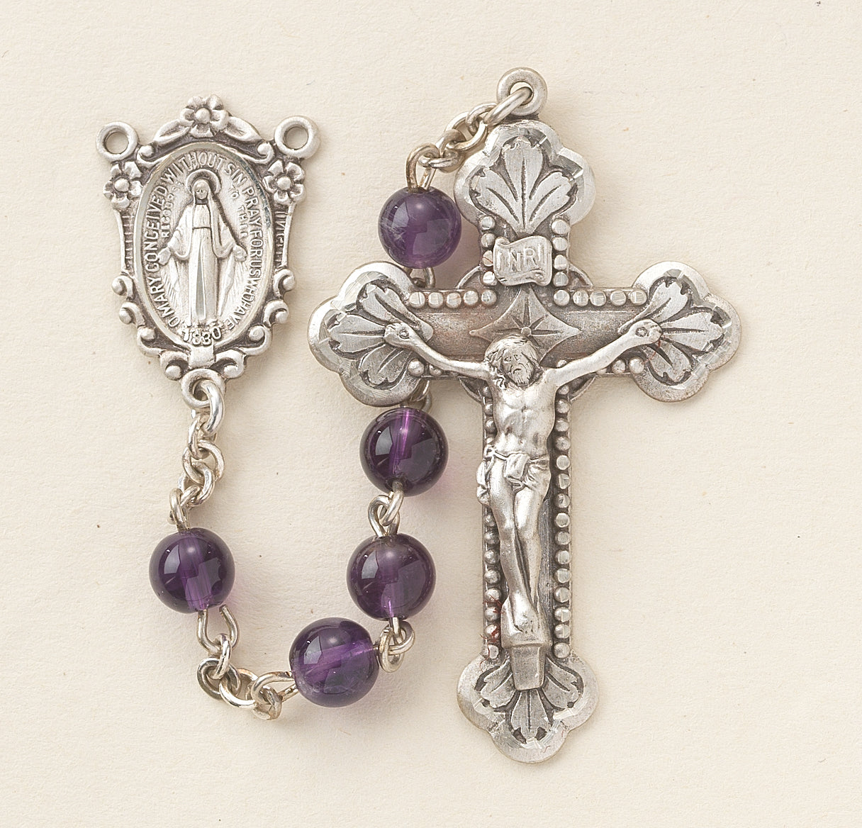 6mm Amethyst Rosary w/Sterling Silver Ctr & Cfx-(80/185)-Bxd