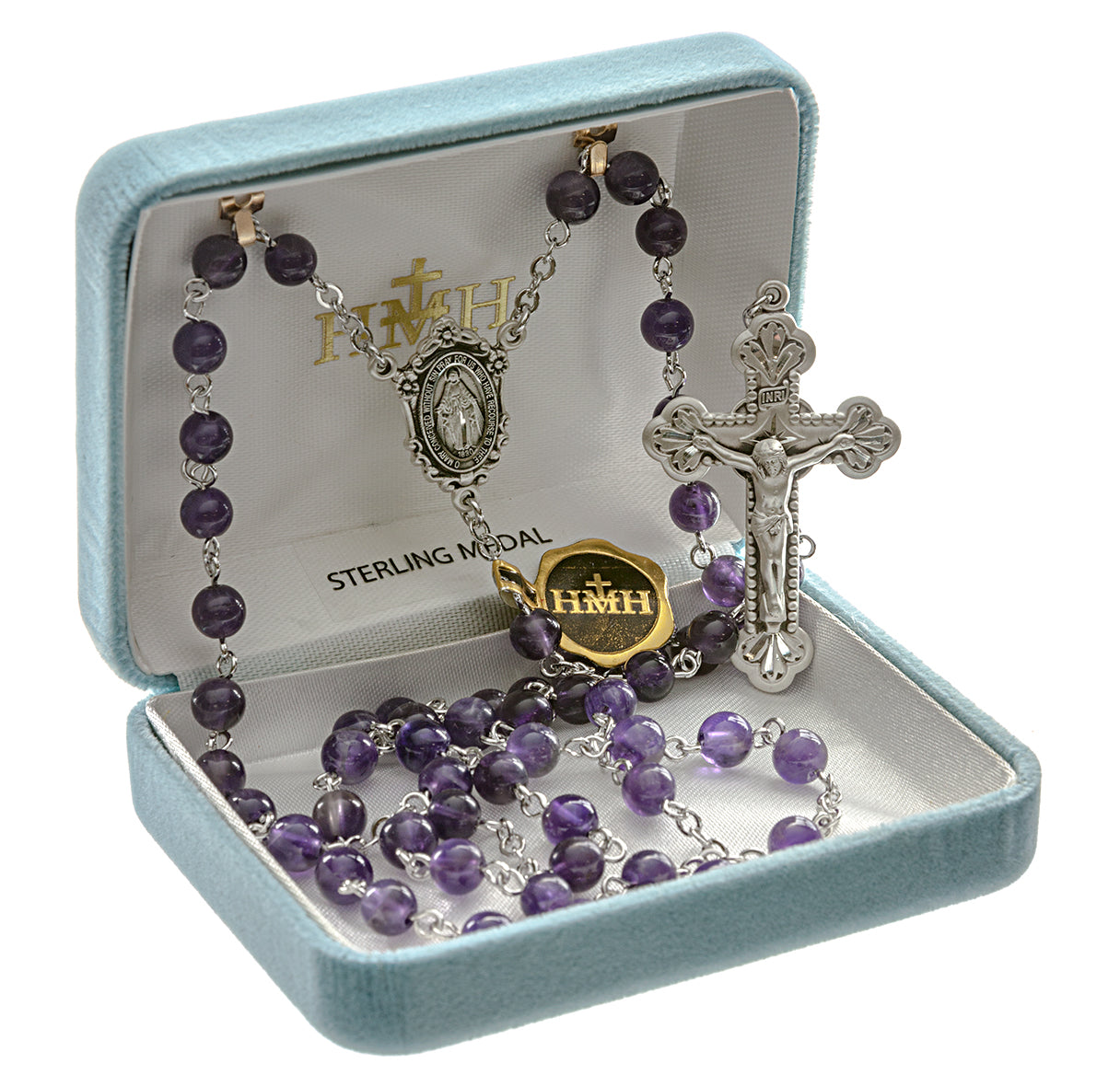 6mm Amethyst Rosary w/Sterling Silver Ctr & Cfx-(80/185)-Bxd