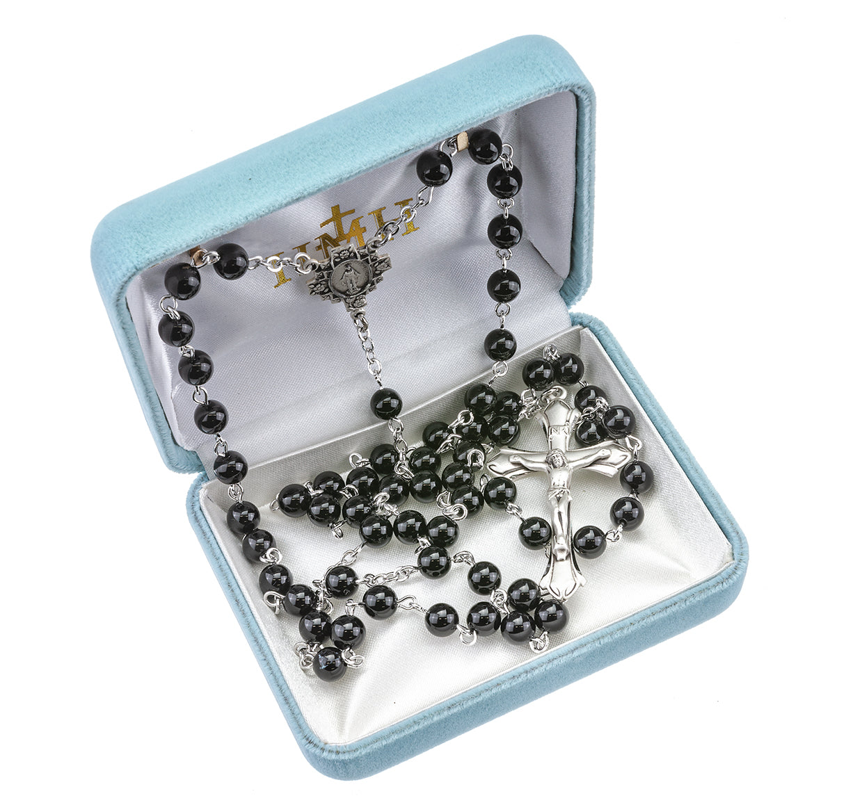 6mm Onyx Rosary w/Sterling Silver Ctr& Cfx-(44/123)-Bxd