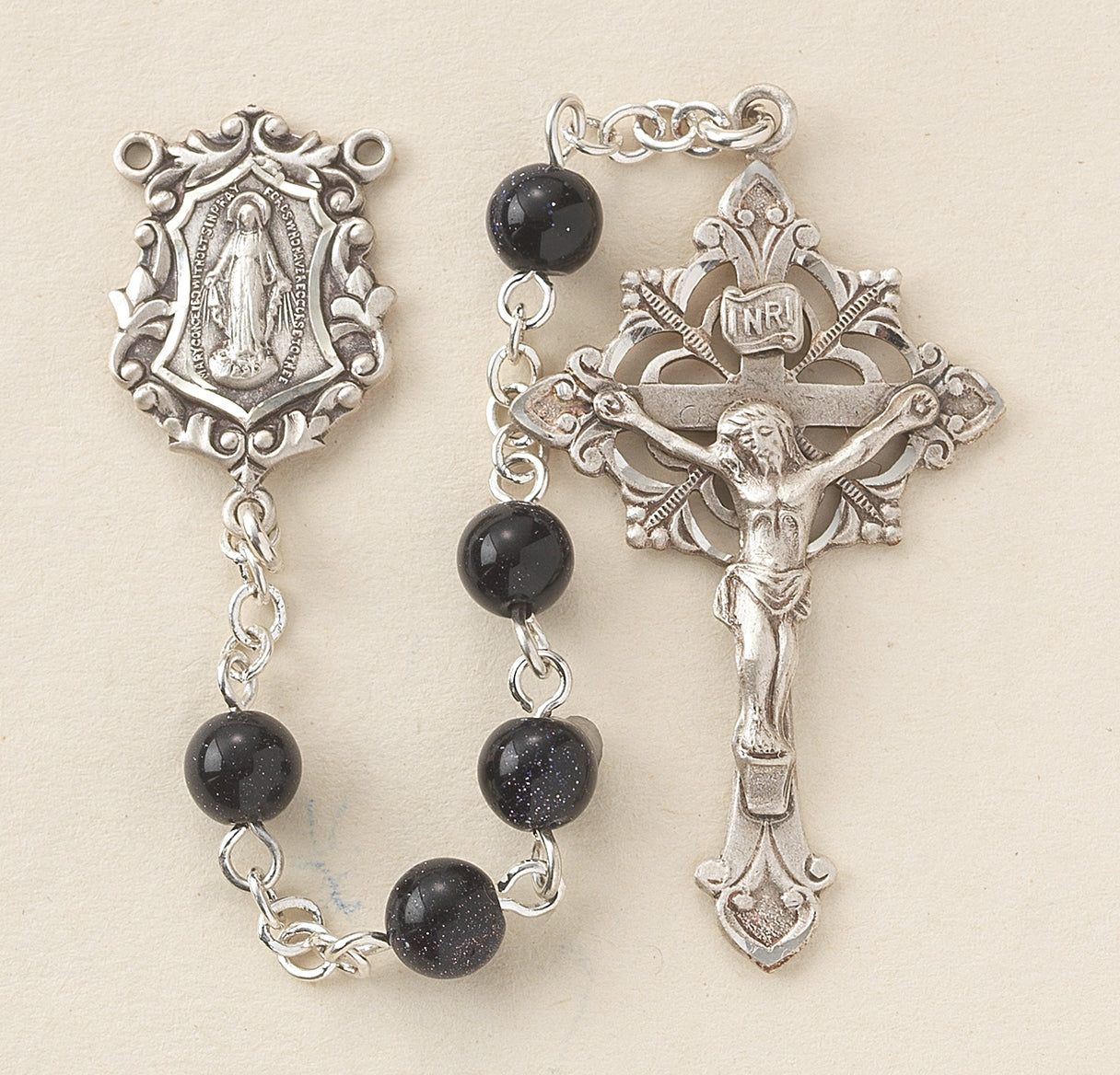 6mm Blue Gold Sand Rosary w/Sterling Silver Ctr & Cfx-(54/139)-Bxd