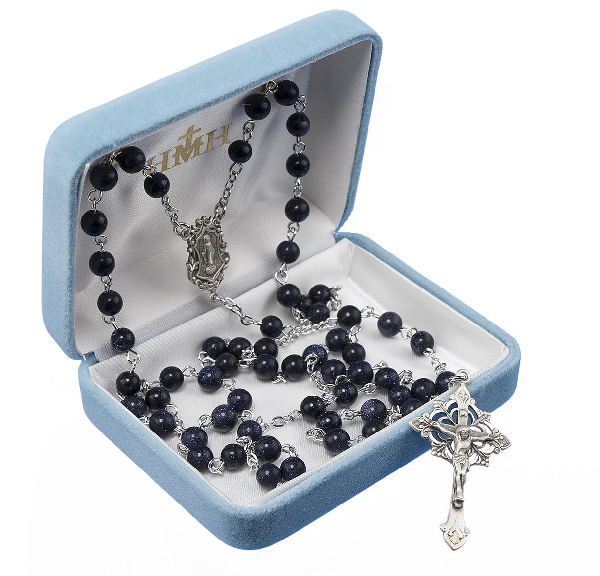 6mm Blue Gold Sand Rosary w/Sterling Silver Ctr & Cfx-(54/139)-Bxd