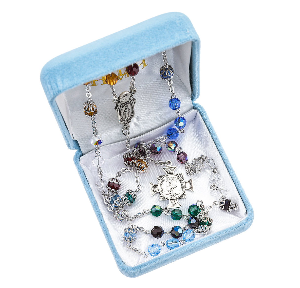 Sterling Silver St. Michael Chaplet made with Finest Crystal Aurora 6mm Beads