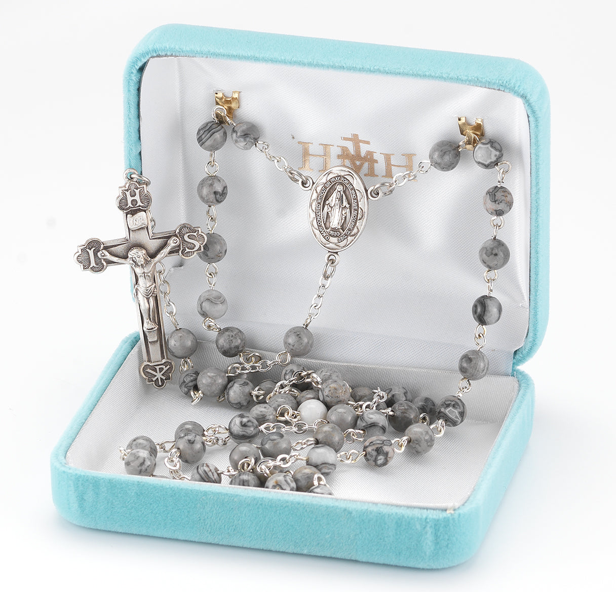 6mm Grey Swirl Rosary w/Sterling Silver Ctr & Cfx-(32/151)-Bxd