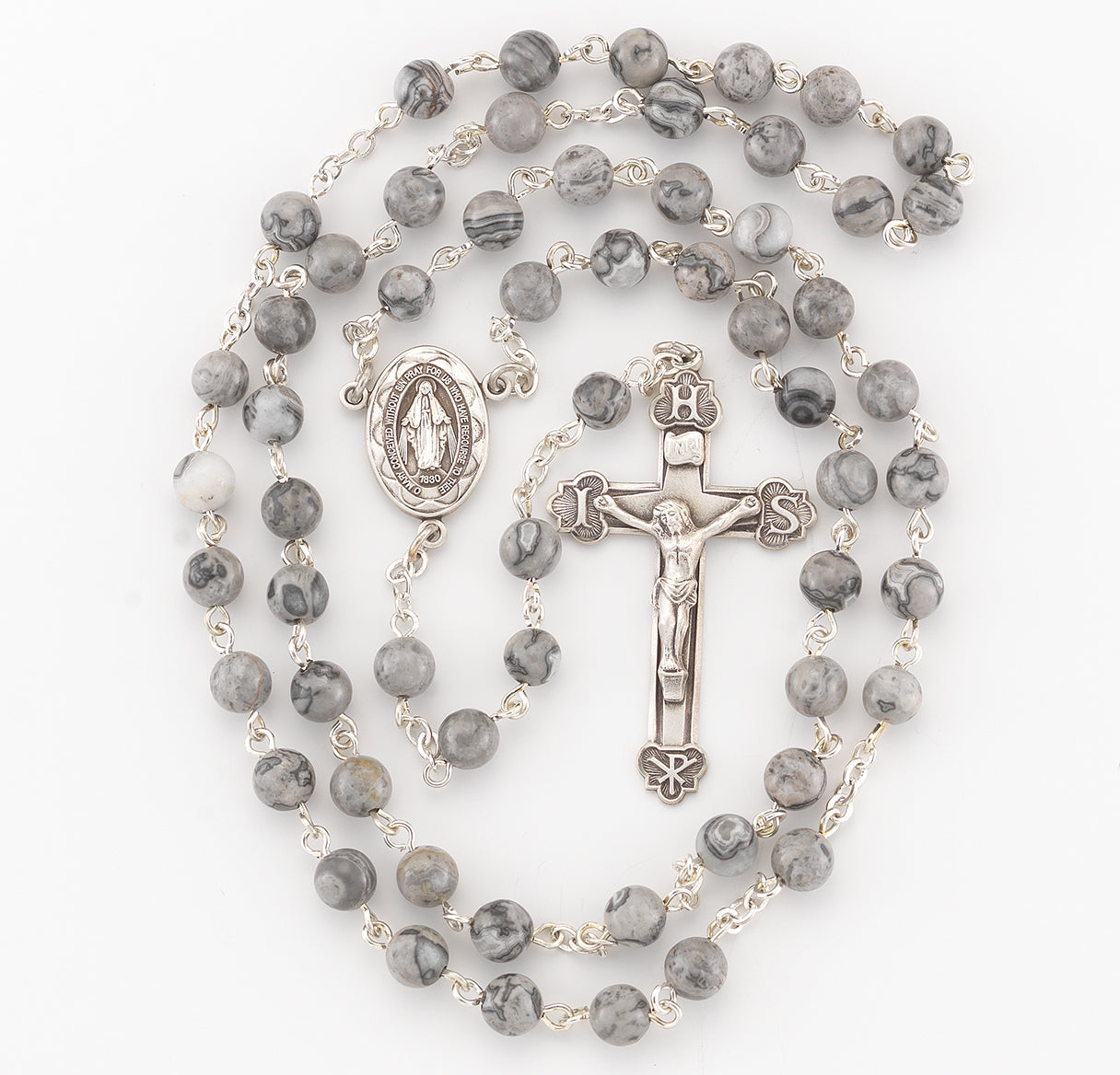 6mm Grey Swirl Rosary w/Sterling Silver Ctr & Cfx-(32/151)-Bxd