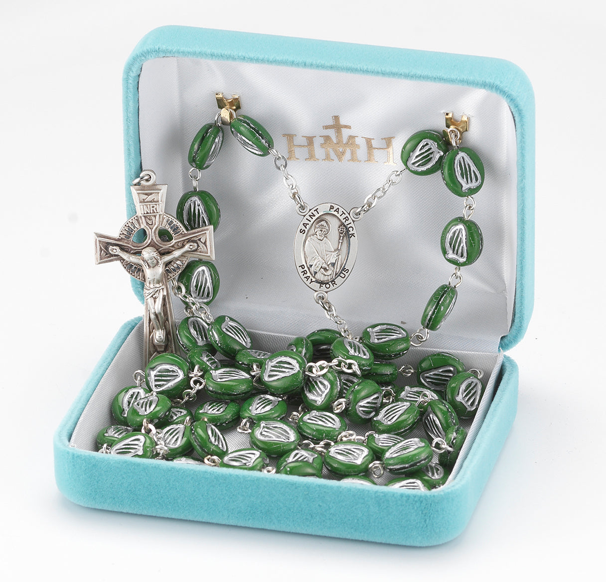 8mm Green St. Patrick Rosary w/Sterling Silver Ctr & Cfx-(325/3827)-Bxd