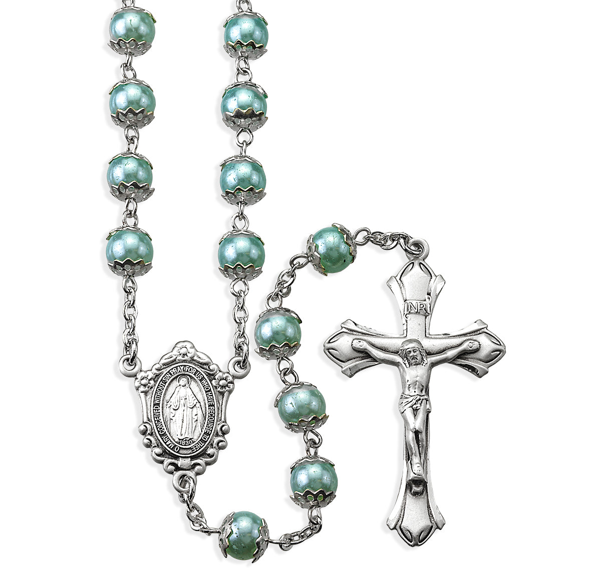 8mm Light Blue Imitation Pearl Capped Rosary w/Sterling Silver Ctr & Cfx-(80/123)-Bxd