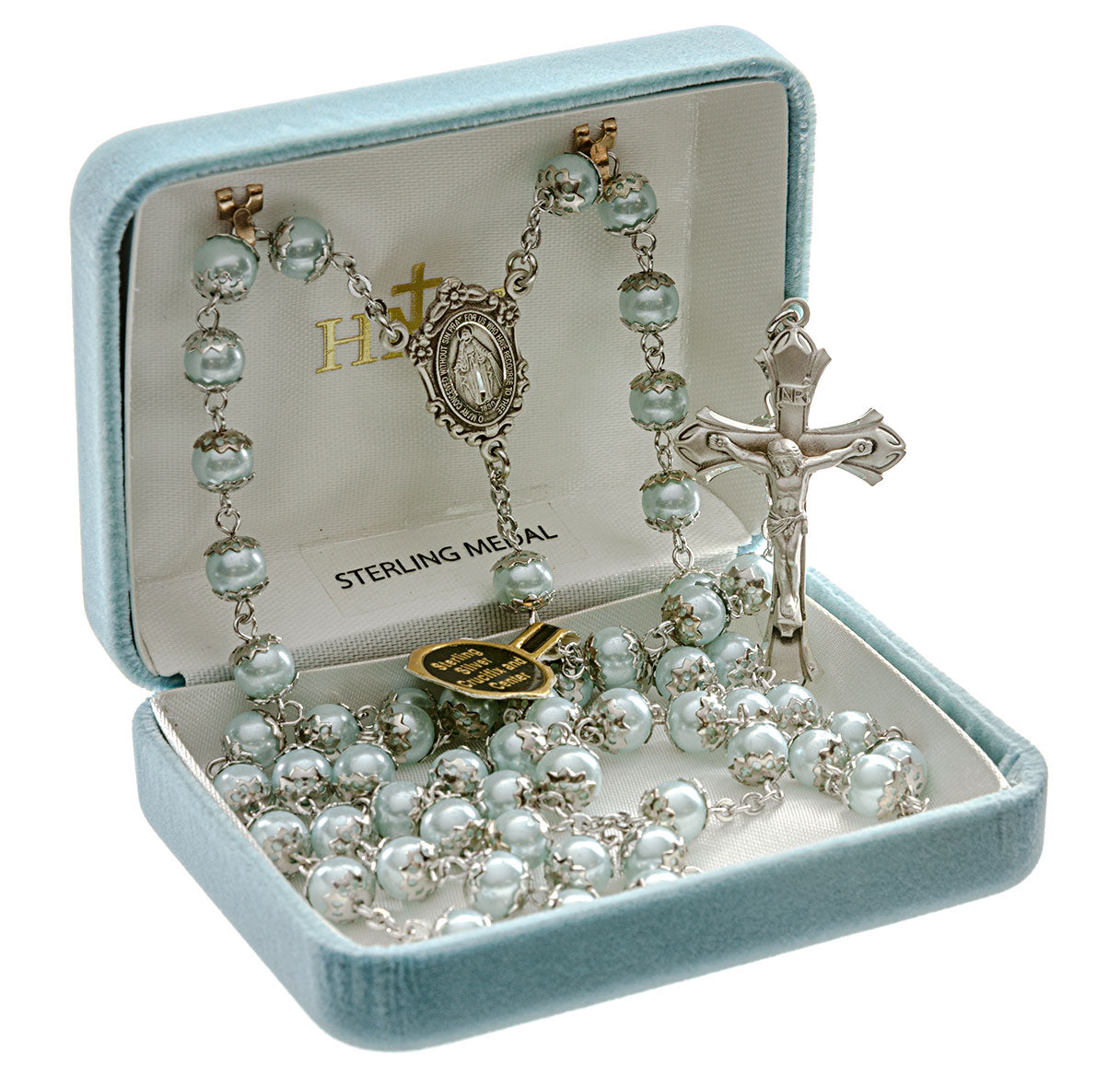 8mm Light Blue Imitation Pearl Capped Rosary w/Sterling Silver Ctr & Cfx-(80/123)-Bxd