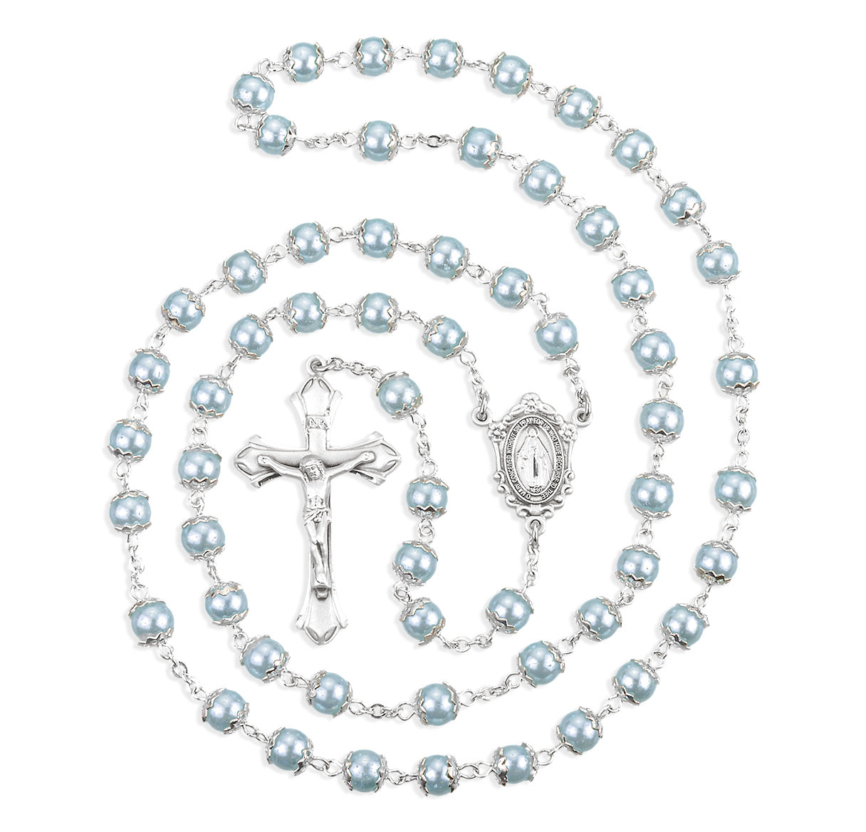 8mm Light Blue Imitation Pearl Capped Rosary w/Sterling Silver Ctr & Cfx-(80/123)-Bxd
