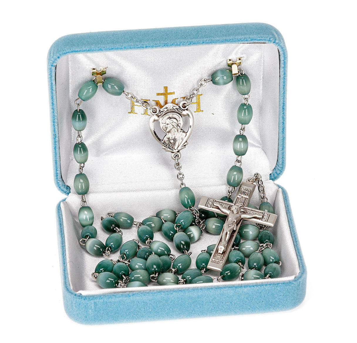 5 x 7mm Oval Grey Glass Bead Rosary w/Sterling Silver Ctr & Cfx-(52/184)-Bxd