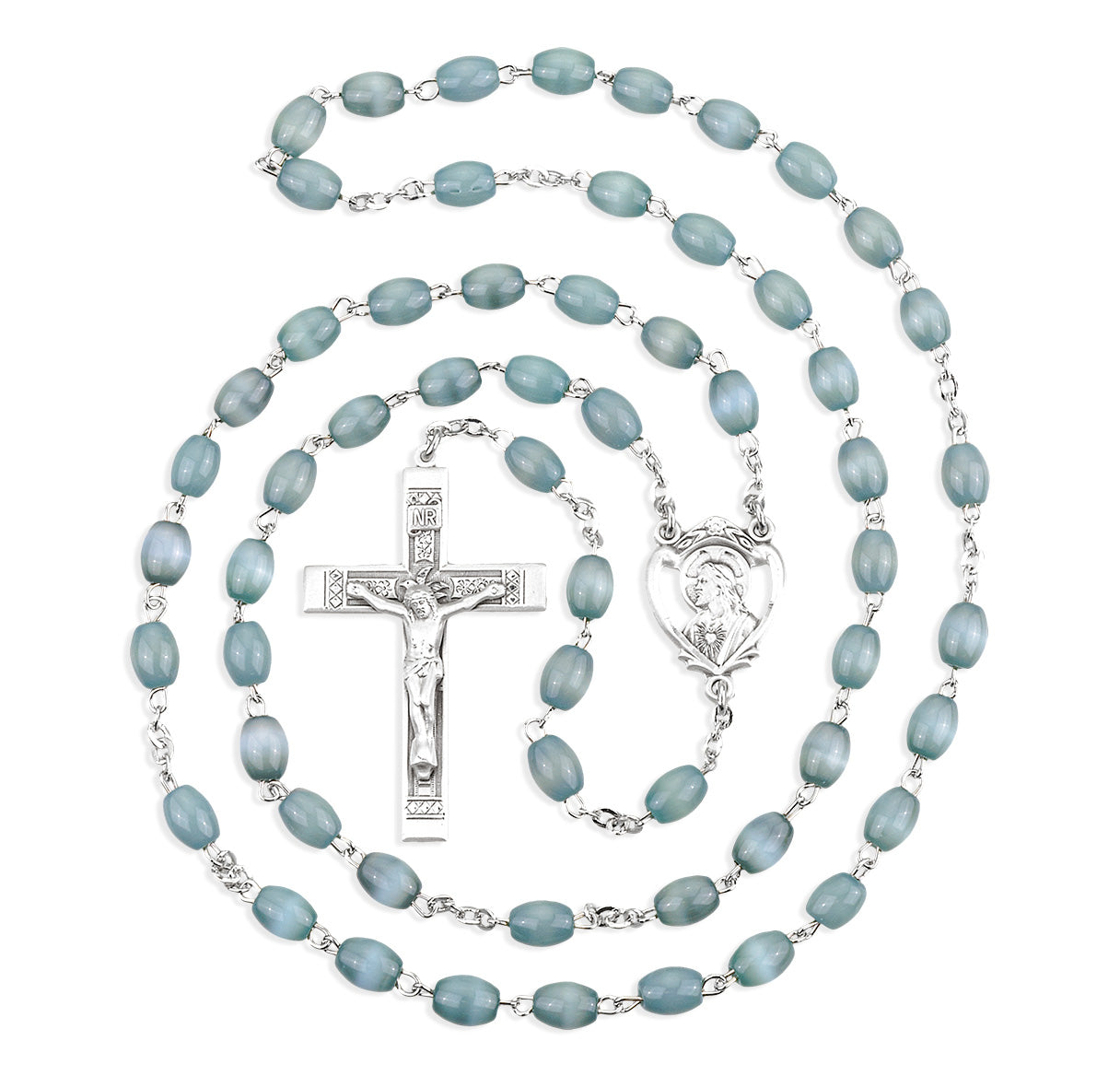 5 x 7mm Oval Grey Glass Bead Rosary w/Sterling Silver Ctr & Cfx-(52/184)-Bxd