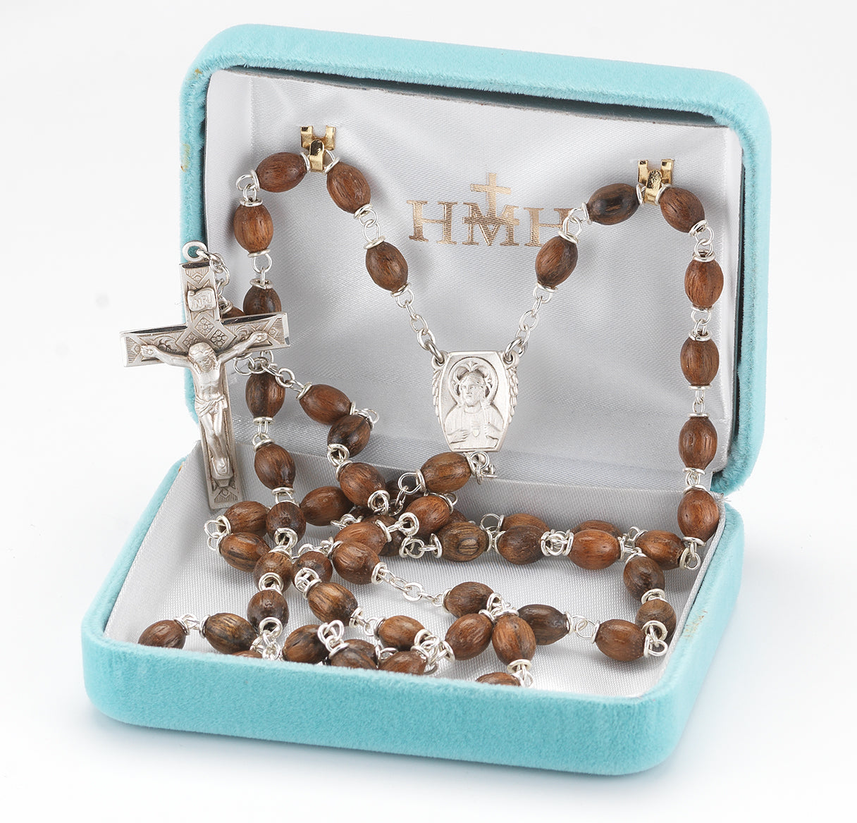 Genuine Walnut Oval Rosary w/Sterling Silver Ctr & Cfx-(70/183)-Bxd