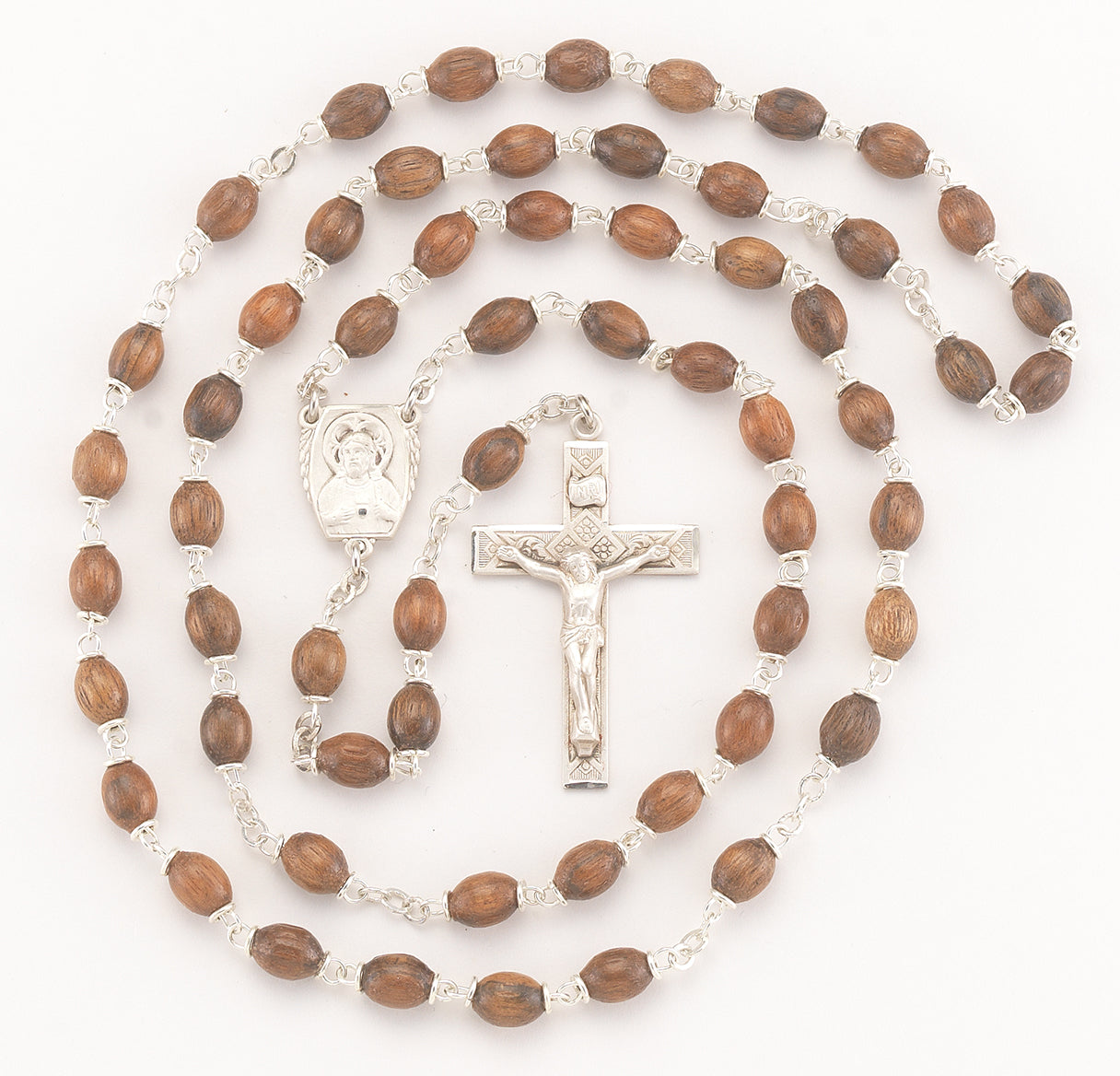 Genuine Walnut Oval Rosary w/Sterling Silver Ctr & Cfx-(70/183)-Bxd