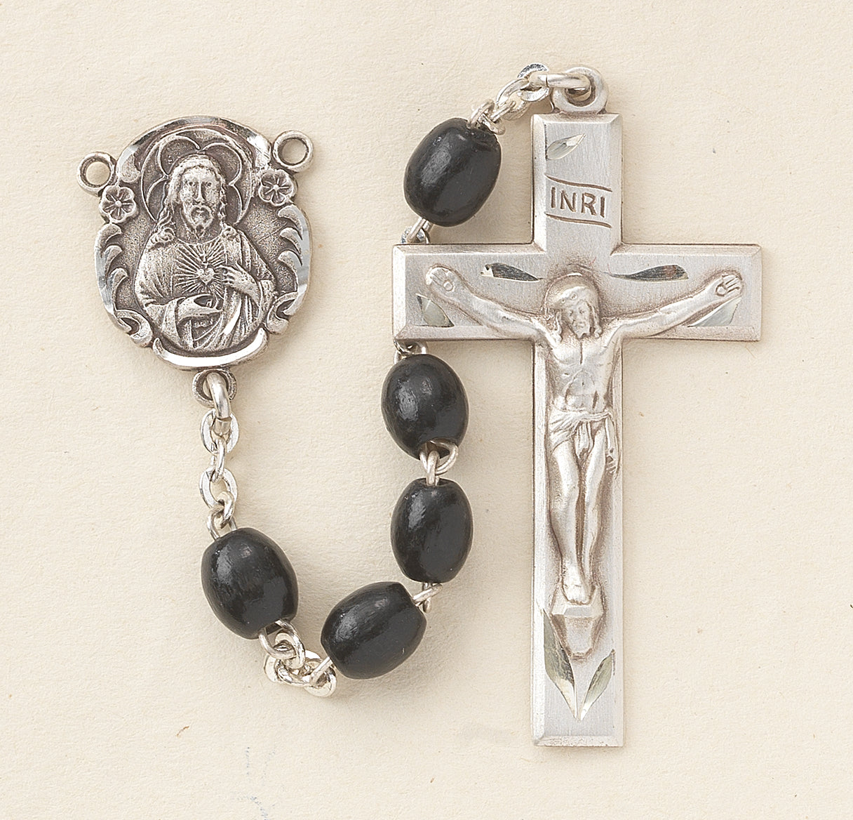 5 x 7mm Wooden Oval Black Rosary w/Sterling Silver Ctr & Cfx-(93/179)-Bxd