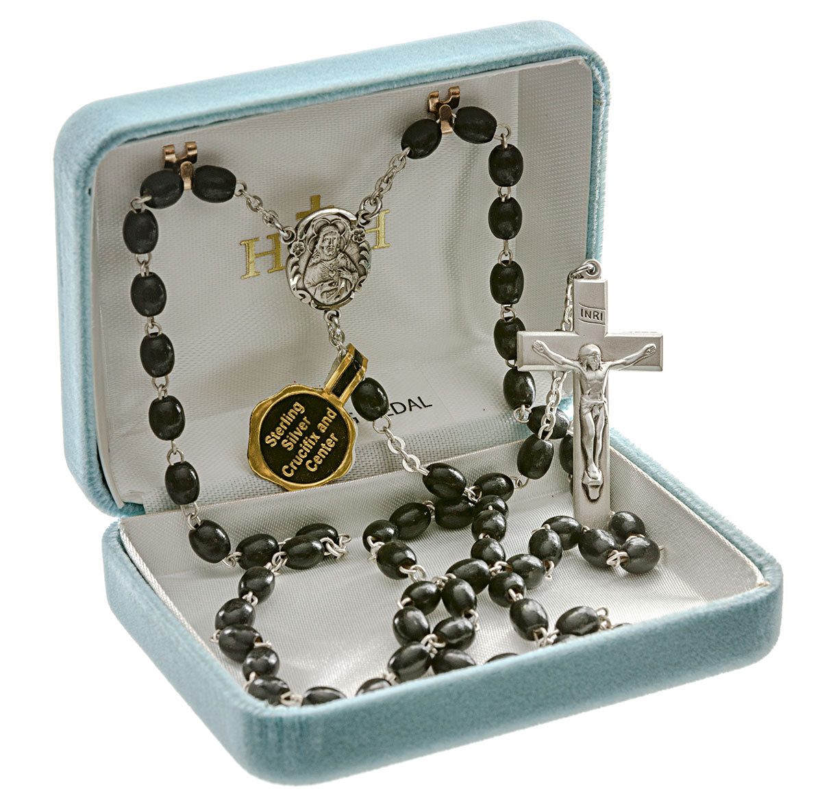 5 x 7mm Wooden Oval Black Rosary w/Sterling Silver Ctr & Cfx-(93/179)-Bxd