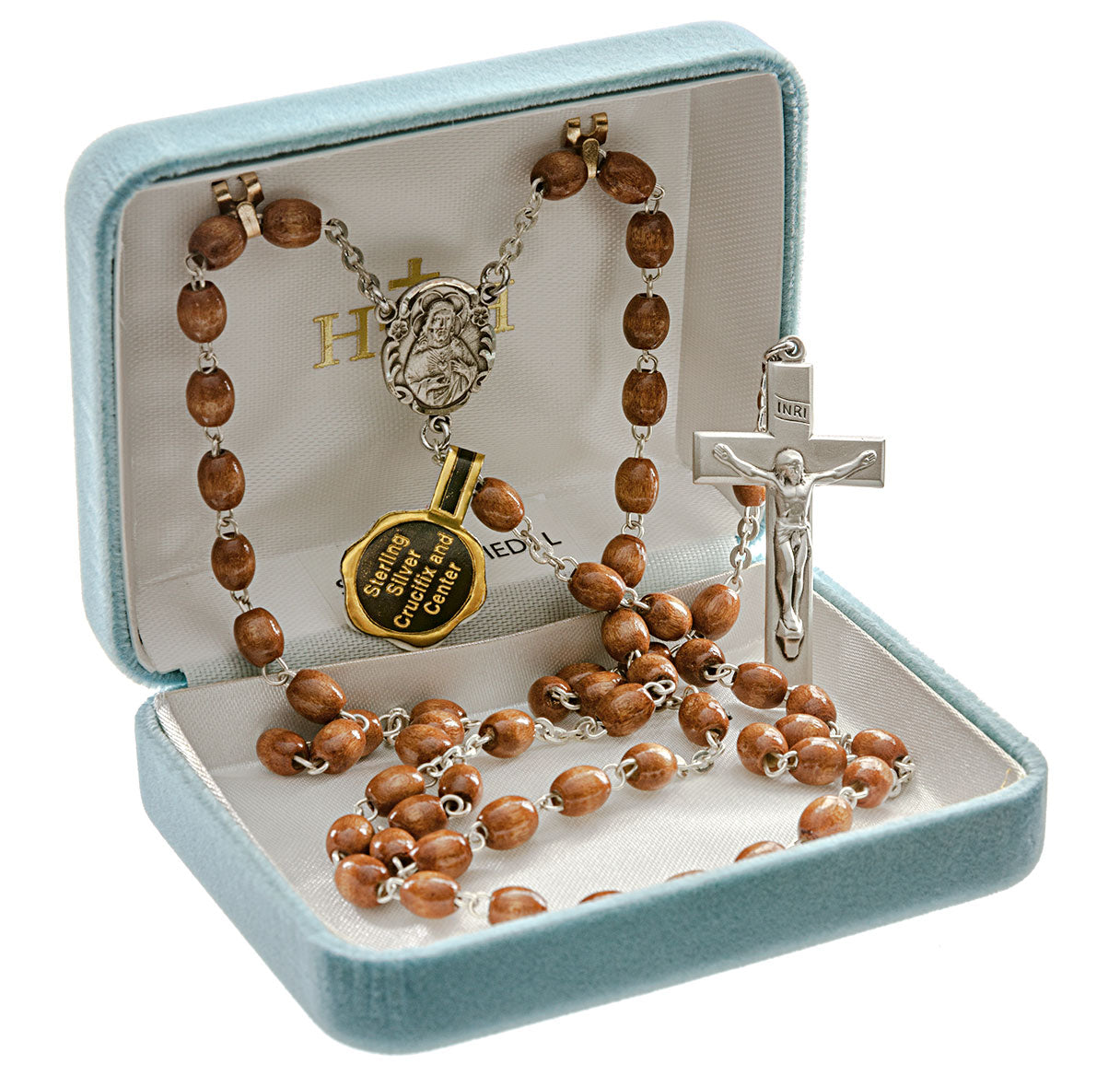 5 x 7mm Wooden Oval Brown Rosary w/Sterling Silver Ctr & Cfx-(93/179)-Bxd