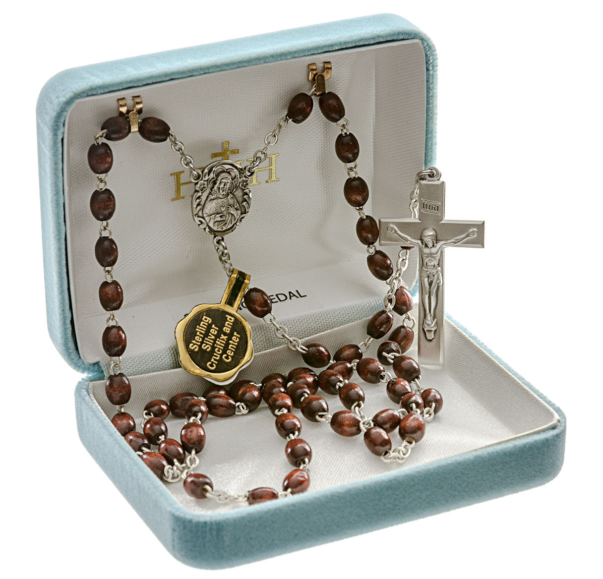 5 x 7mm Wooden Oval Maroon Rosary w/Sterling Silver Ctr & Cfx-(93/179)-Bxd
