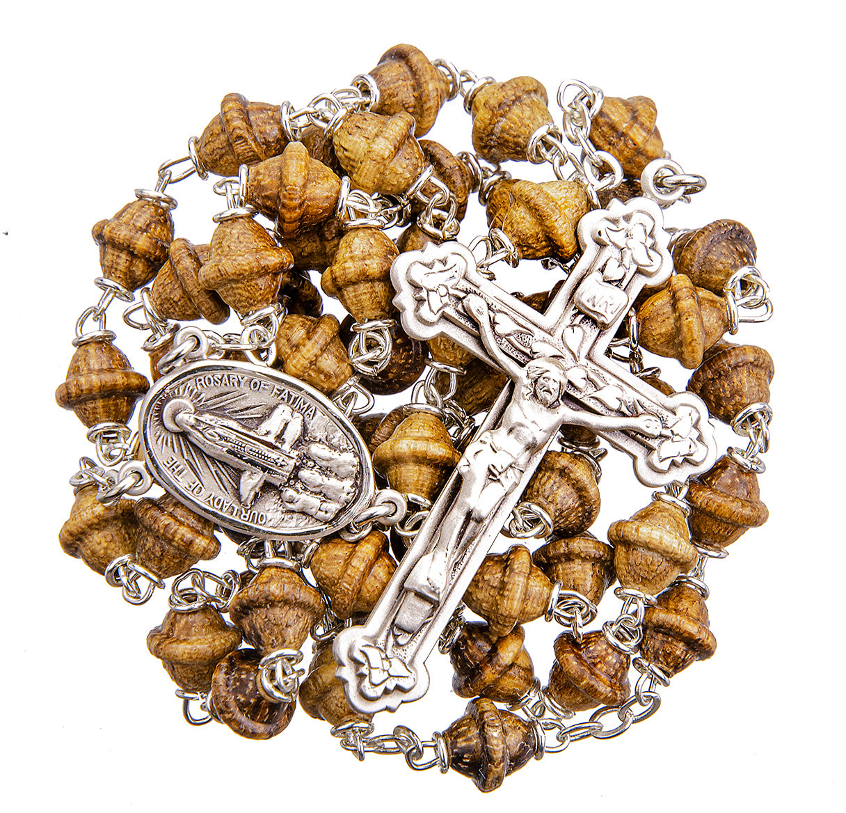 Genuine 8mm Walnut Bi-Cone Rosary w/Sterling Silver Ctr & Crucifix