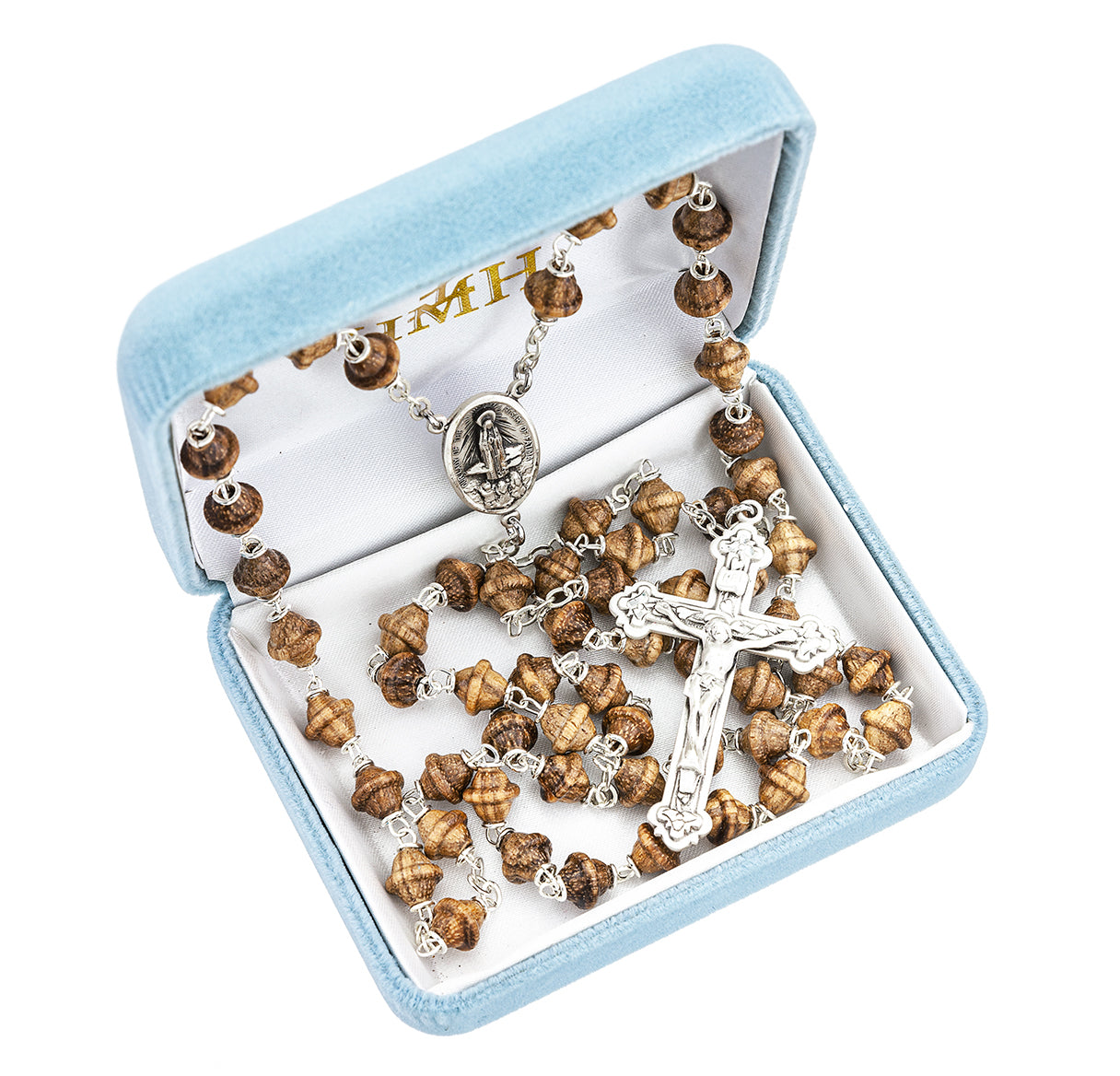 Genuine 8mm Walnut Bi-Cone Rosary w/Sterling Silver Ctr & Crucifix