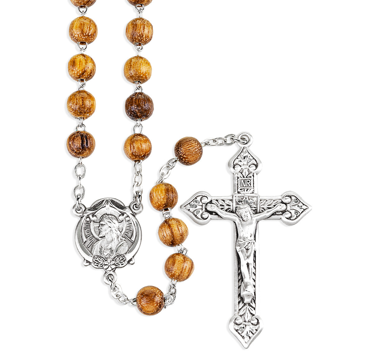 6mm Round Olive Wood Bead Rosary w/ Sterling Silver Ctr & Cfx- (83/171)-Bxd