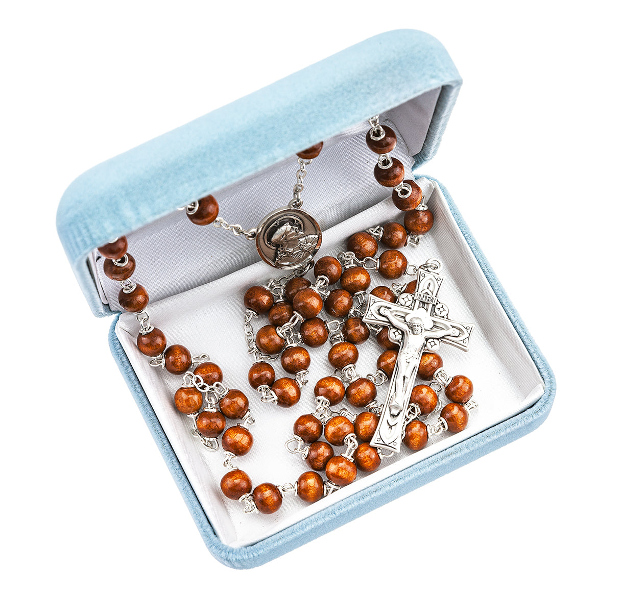 Brown Round Boxwood Rosary Sterling Crucifix and Centerpiece