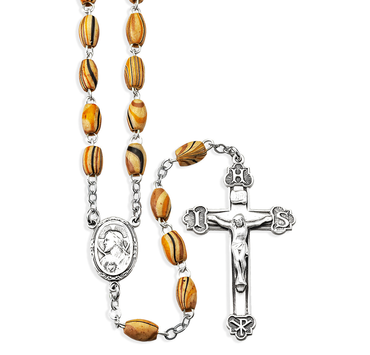 5 x 7mm Oval Striped Olive Wood Rosary W /Round O.F. Beads w/Sterling Silver Ctr & Cfx-(72/151)-Bxd