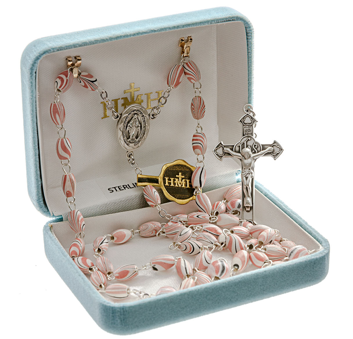 Oval Pink Swirl Rosary w/Round O.F. Beads w/Sterling Silver Ctr & Cfx-(130/32)-Bxd