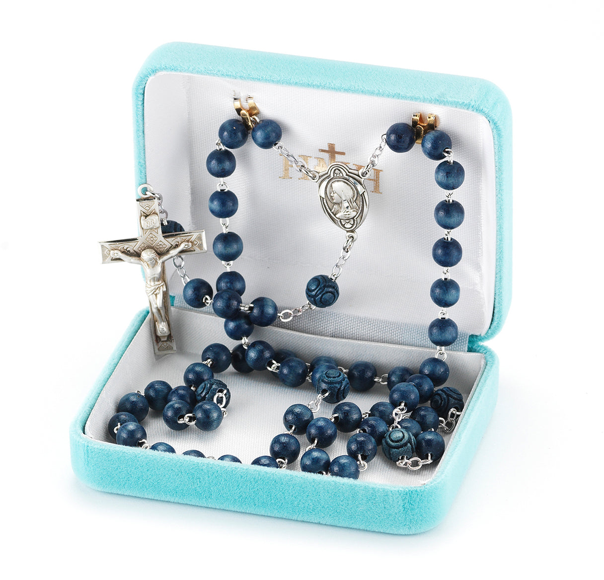 6mm Blue Wood Rosary w/Sterling Silver Ctr & Cfx-(78/183)-Bxd