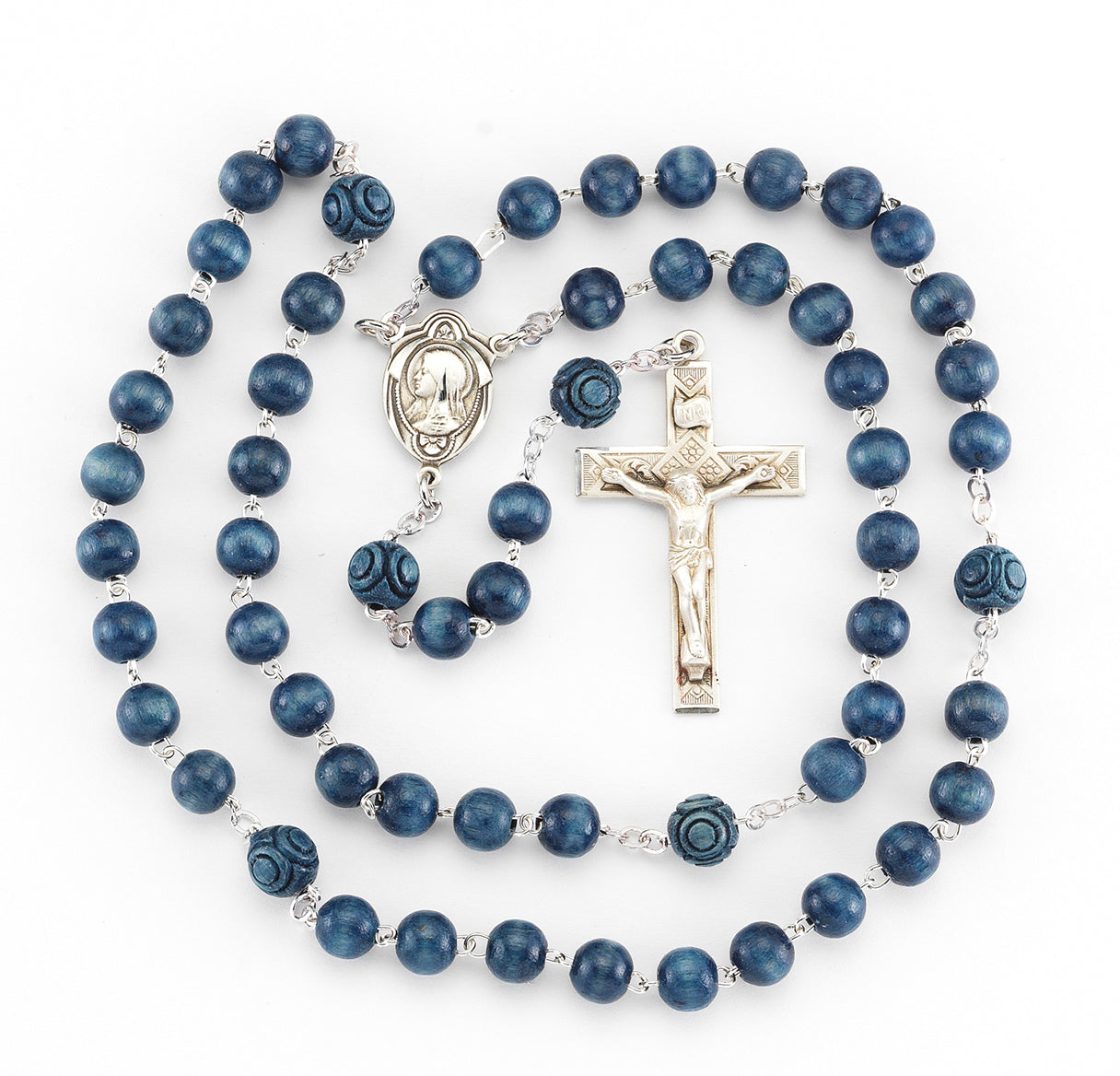 6mm Blue Wood Rosary w/Sterling Silver Ctr & Cfx-(78/183)-Bxd