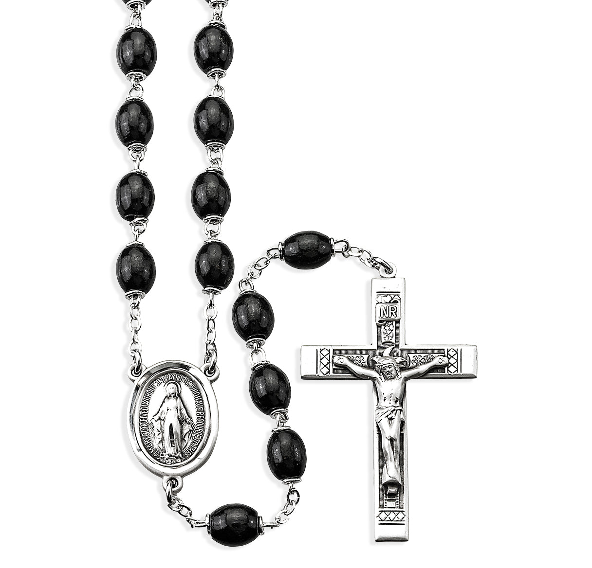 6 x 9mm Black Oval Wood Rosary w/Sterling Silver Ctr & Cfx-(30/184)-Bxd
