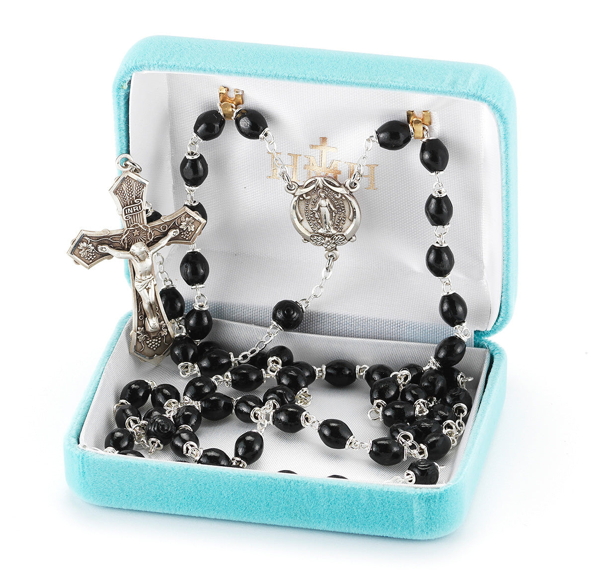 6 x 9mm Black Oval Wood Rosary w/Sterling Silver Ctr & Cfx-(30/184)-Bxd