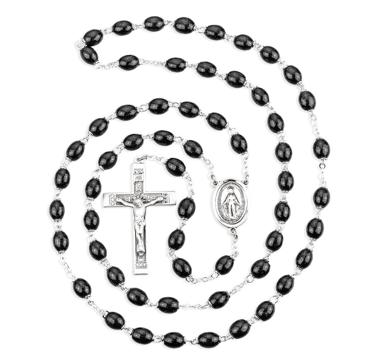 6 x 9mm Black Oval Wood Rosary w/Sterling Silver Ctr & Cfx-(30/184)-Bxd