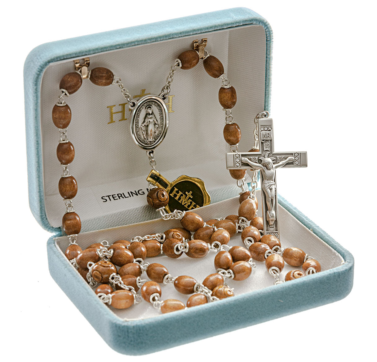 Brown Oval Boxwood Rosary Sterling Crucifix and Centerpiece
