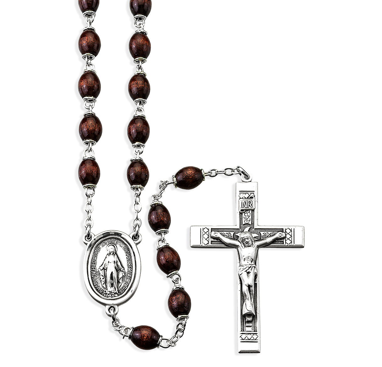 6 x 9mm Maroon Oval Wood Rosary w/Sterling Silver Ctr & Cfx-(30/184)-Bxd