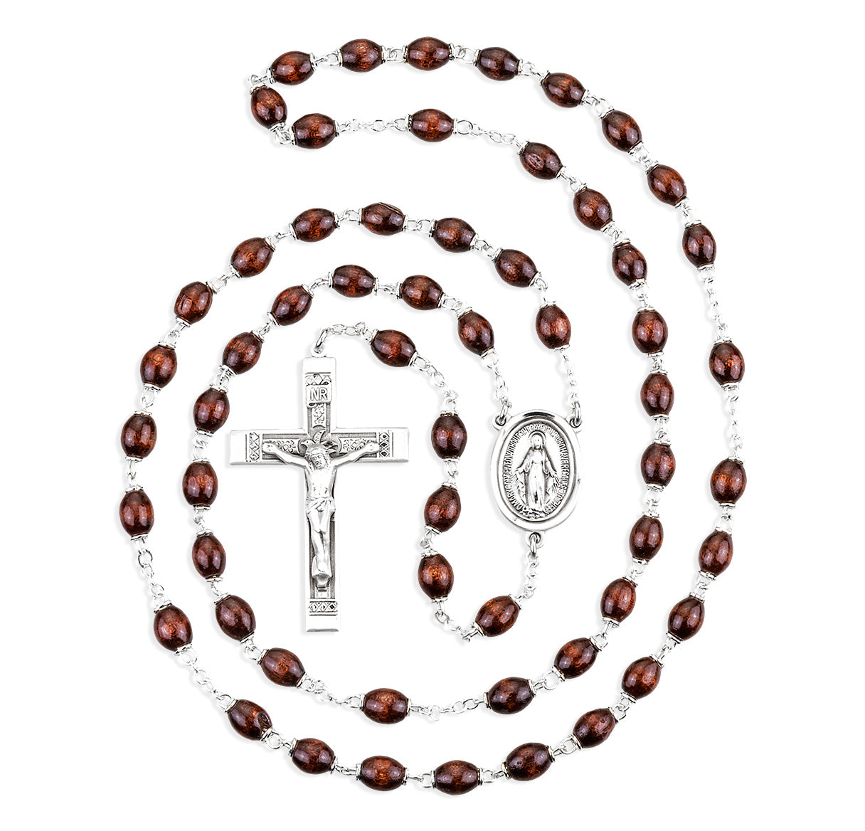 6 x 9mm Maroon Oval Wood Rosary w/Sterling Silver Ctr & Cfx-(30/184)-Bxd