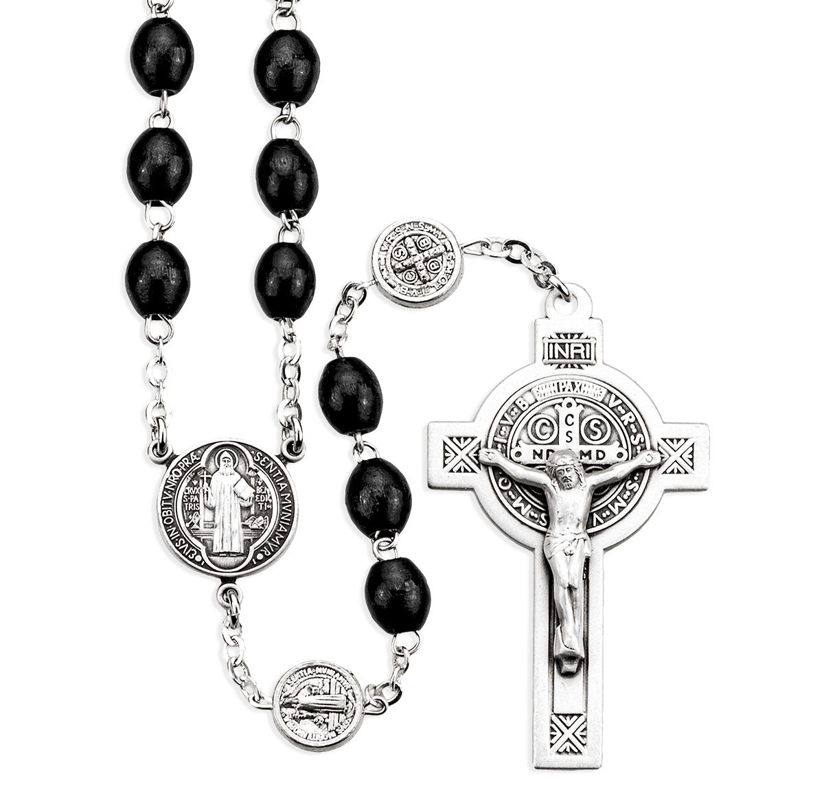 St Benedict Black Rosary w/Sterling Silver Ctr & Cfx-(679/188)-Bxd