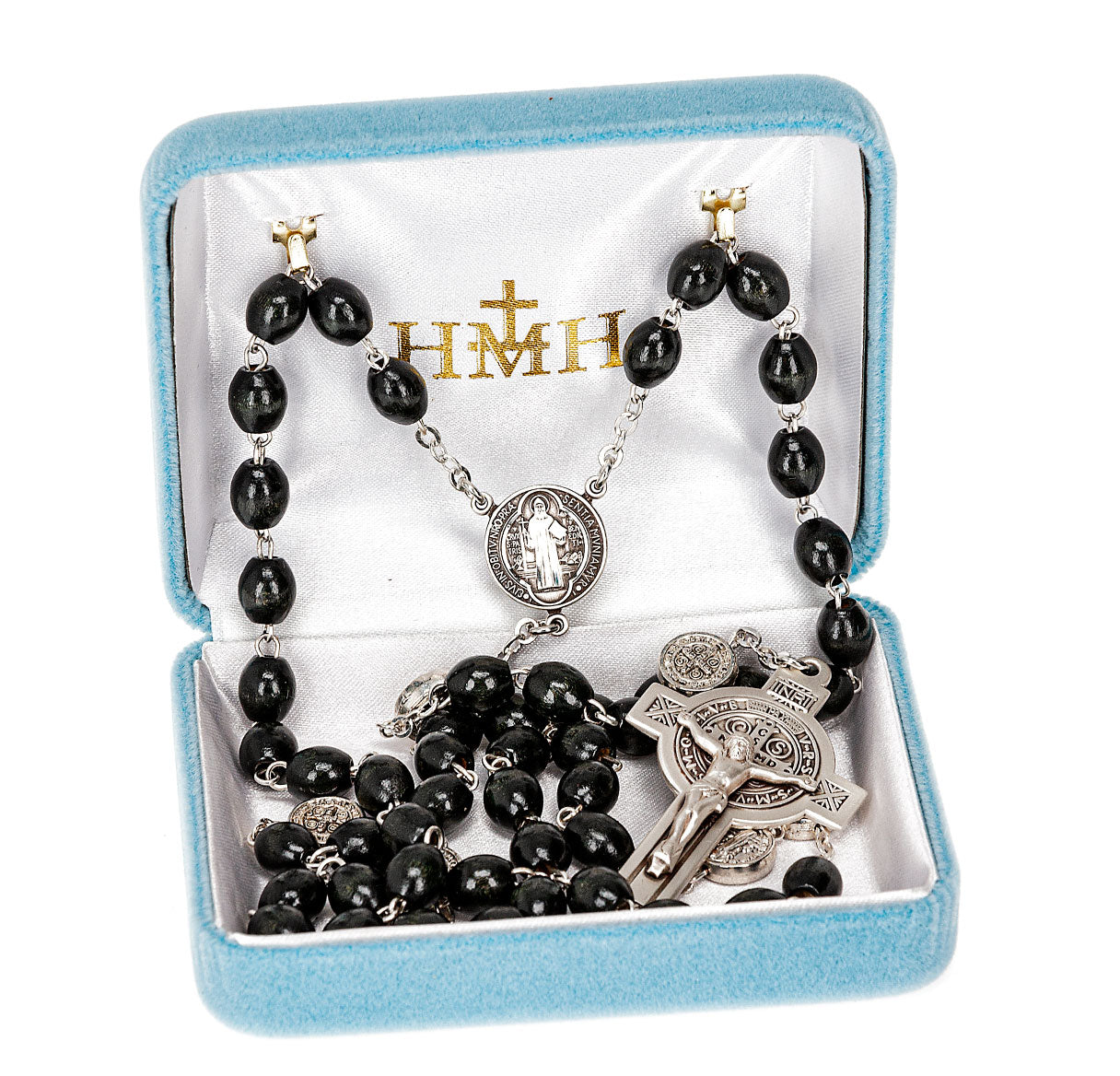 St Benedict Black Rosary w/Sterling Silver Ctr & Cfx-(679/188)-Bxd