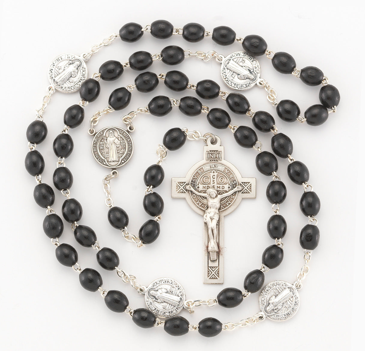 St Benedict Black Rosary w/Sterling Silver Ctr & Cfx-(679/188)-Bxd