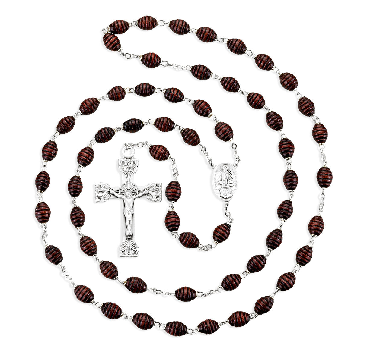 7 x 9 mm Maroon Oval Carved "Beehive" Boxwood Rosary w/Sterling Silver Ctr & Cfx-(354/134)-Bxd