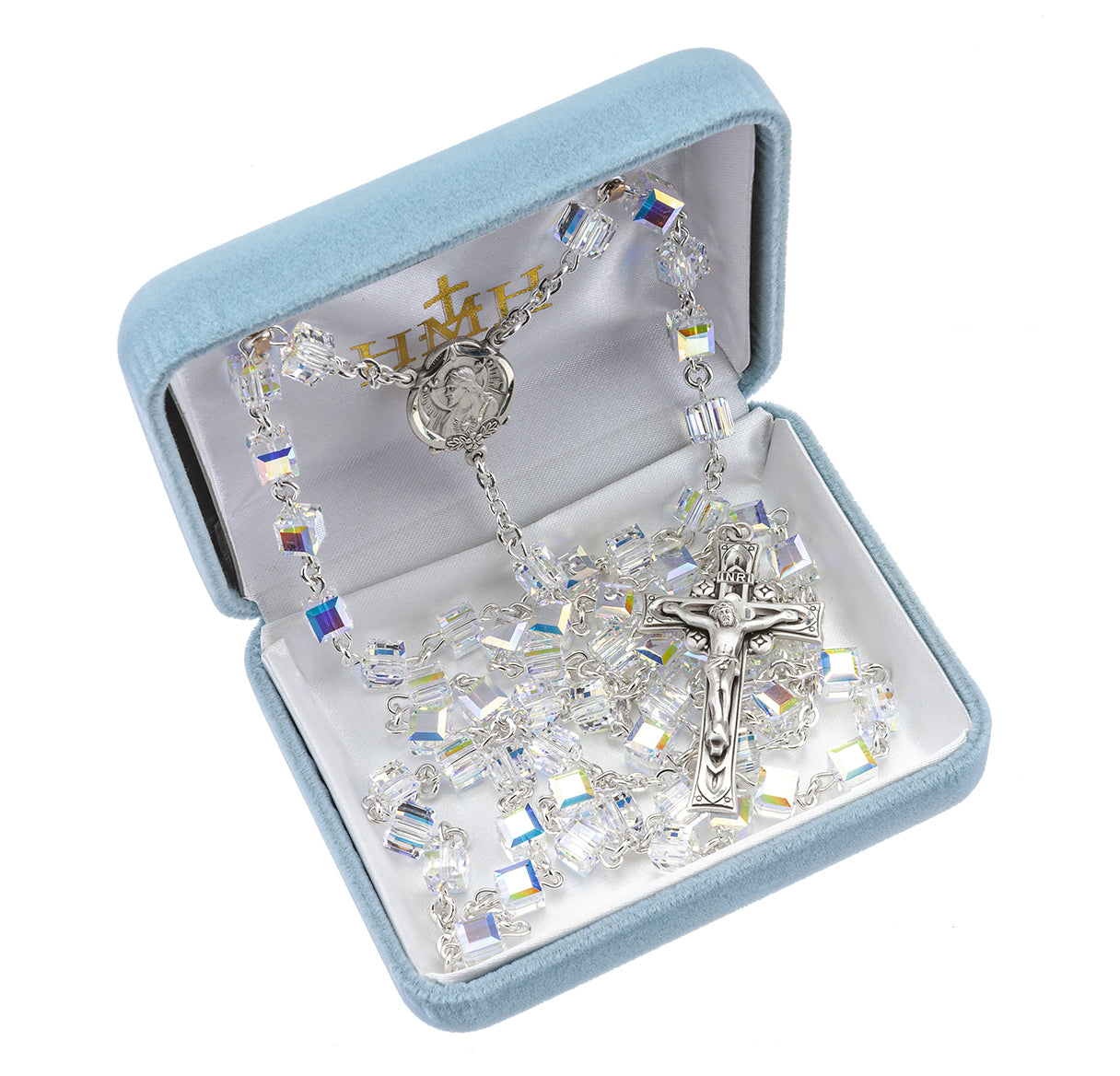 6mm Finest Crystal Cube Rosary w/Sterling Ctr & Cfx-(83/103)-Bxd