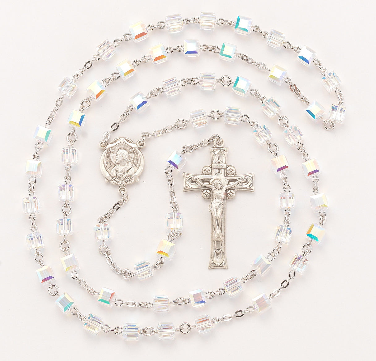 6mm Finest Crystal Cube Rosary w/Sterling Ctr & Cfx-(83/103)-Bxd