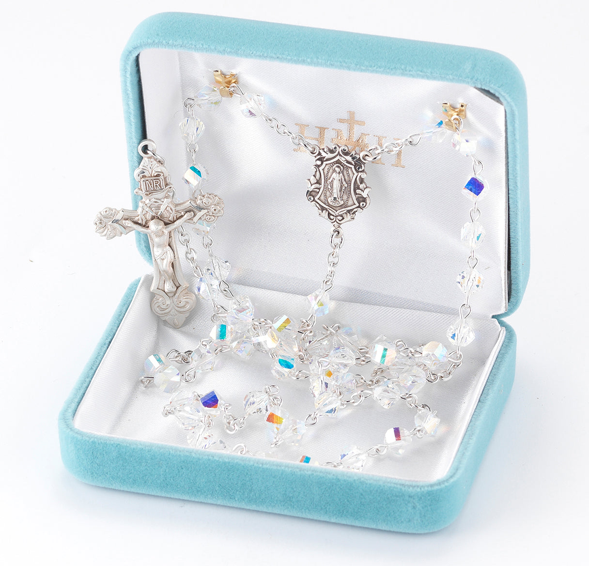 6mm Helix Shaped Finest Crystal Rosary w/Sterling Silver Ctr & Cfx-(54/154)-Bxd