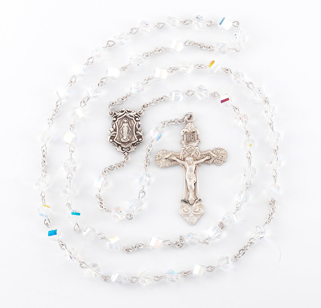 6mm Helix Shaped Finest Crystal Rosary w/Sterling Silver Ctr & Cfx-(54/154)-Bxd