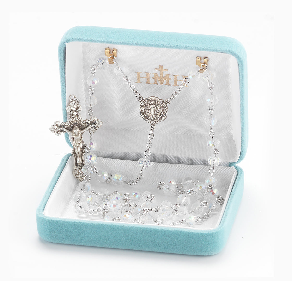 6mm Crystal Multi-Faceted Tin-Cut Rosary w/Sterling Silver Ctr & Cfx-(208/153)-Bxd