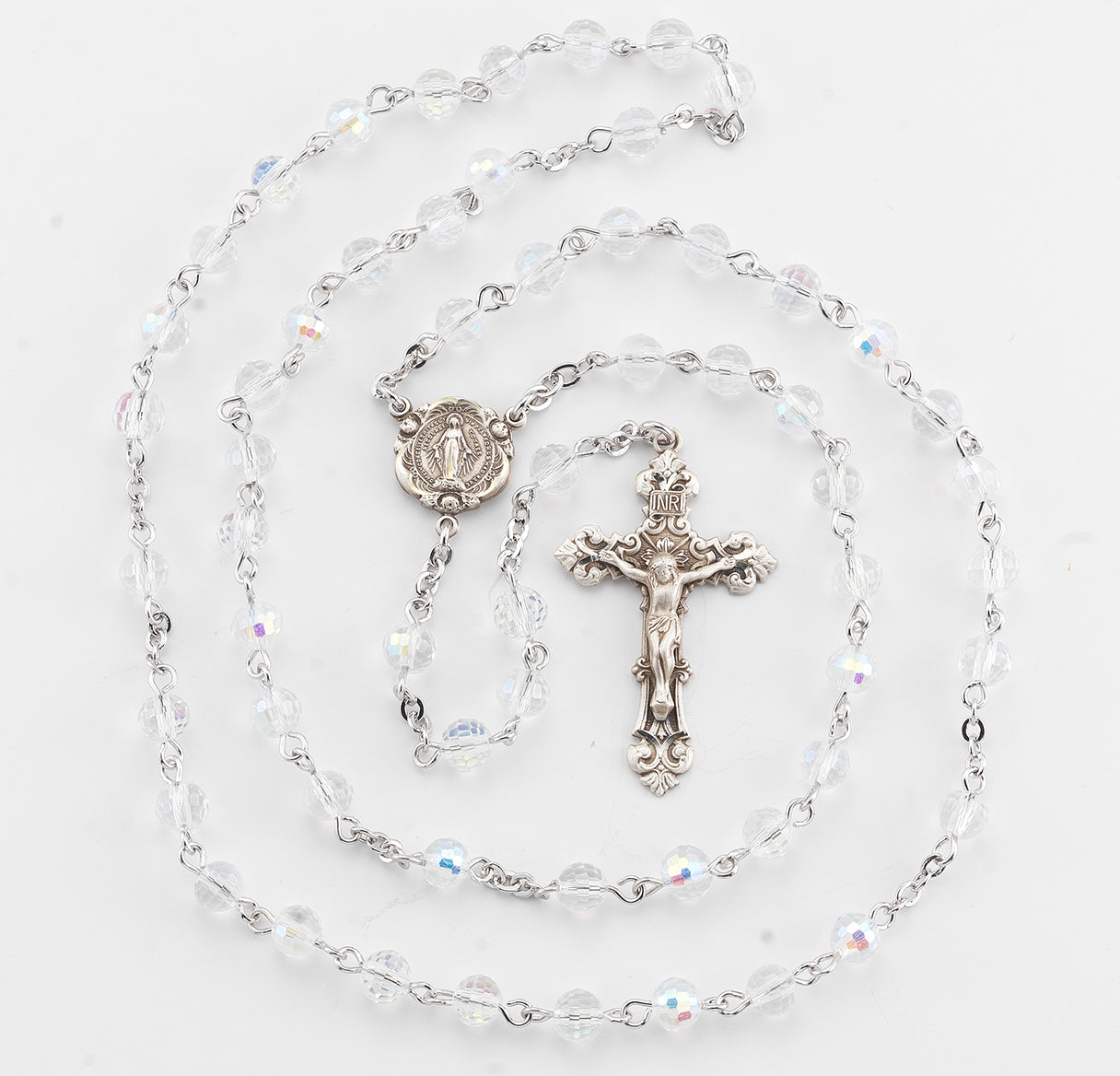 6mm Crystal Multi-Faceted Tin-Cut Rosary w/Sterling Silver Ctr & Cfx-(208/153)-Bxd