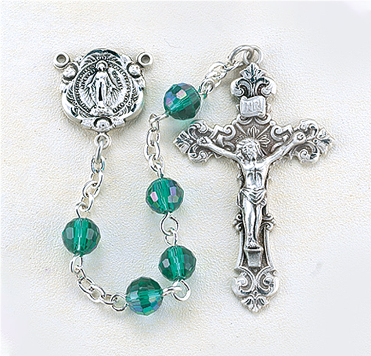 6mm Emerald Multi-Faceted Tin Cut Crystal Rosary w/Sterling Silver Ctr & Cfx-(208/153)-Bxd