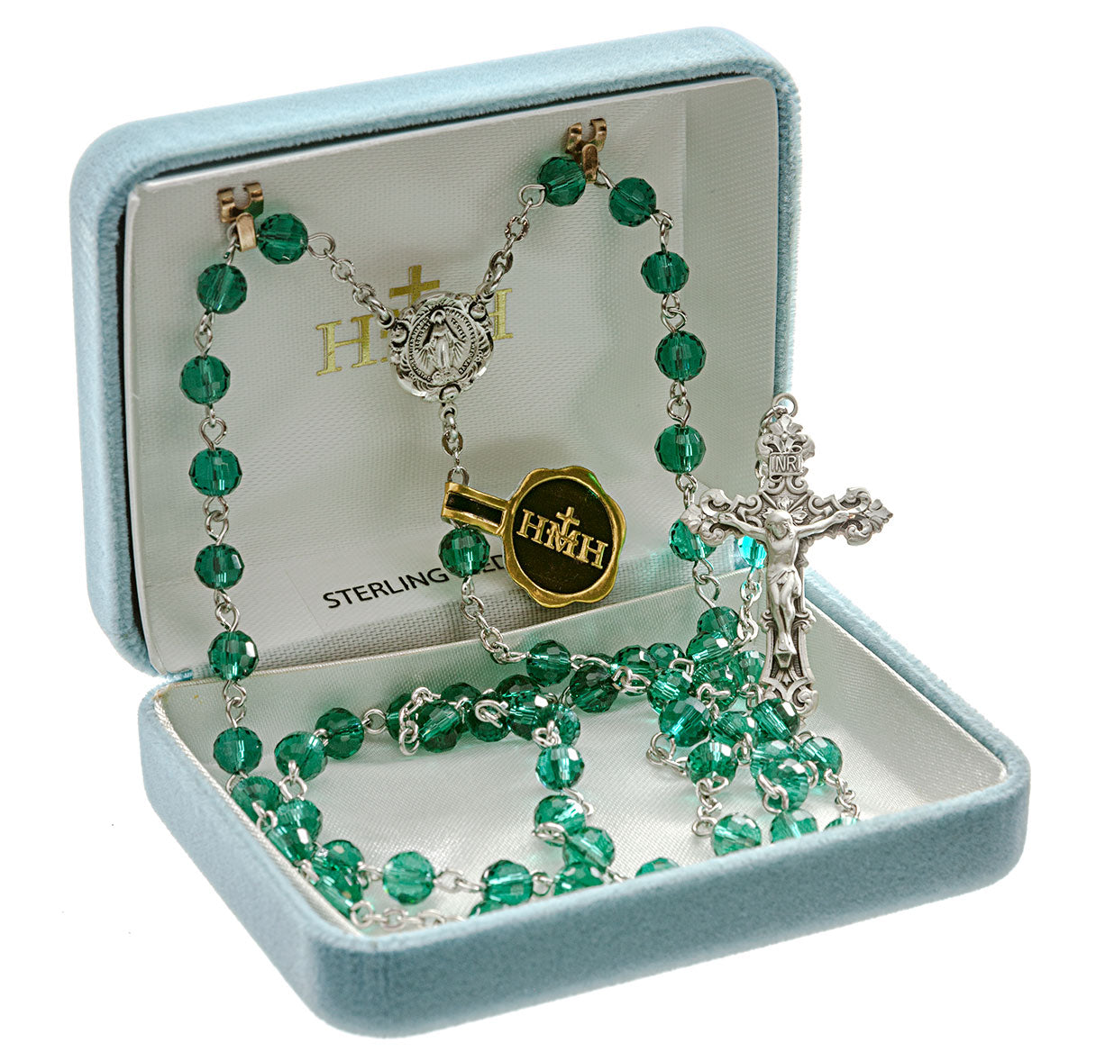 6mm Emerald Multi-Faceted Tin Cut Crystal Rosary w/Sterling Silver Ctr & Cfx-(208/153)-Bxd